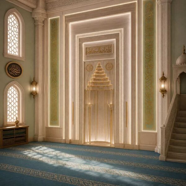 Marble Mosque Mihrab and Minbar Set – wooden mosque mihrab detail view 1