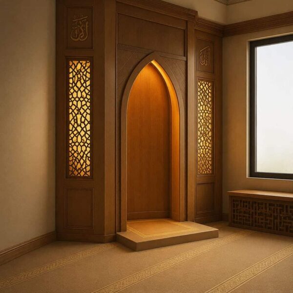 Modern Custom Prayer Room Interior Design – Model PR-0010 – wooden mosque mihrab detail view 1