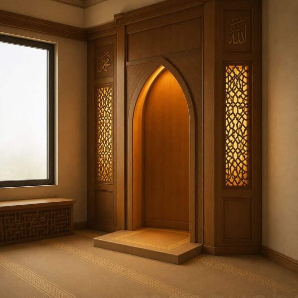 Modern Custom Prayer Room Interior Design – Model PR-0010 – wooden mosque mihrab detail view 2