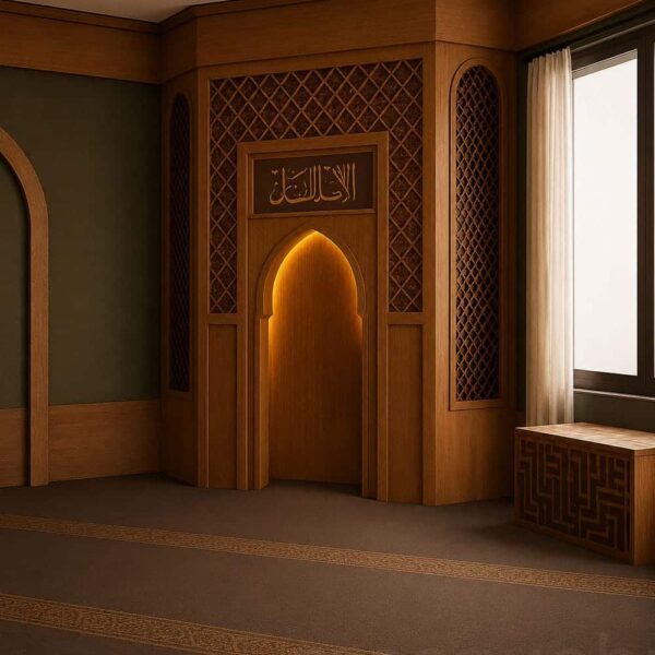 Custom Prayer Room Interior Design – Model PR-0008 – wooden mosque mihrab detail view 2