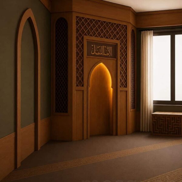 Custom Prayer Room Interior Design – Model PR-0008 – wooden mosque mihrab detail view 3