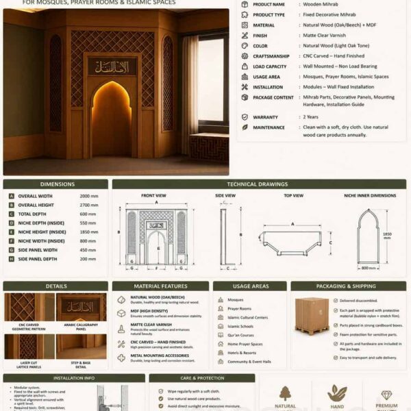 Custom Prayer Room Interior Design – Model PR-0008 – wooden mosque mihrab detail view 4