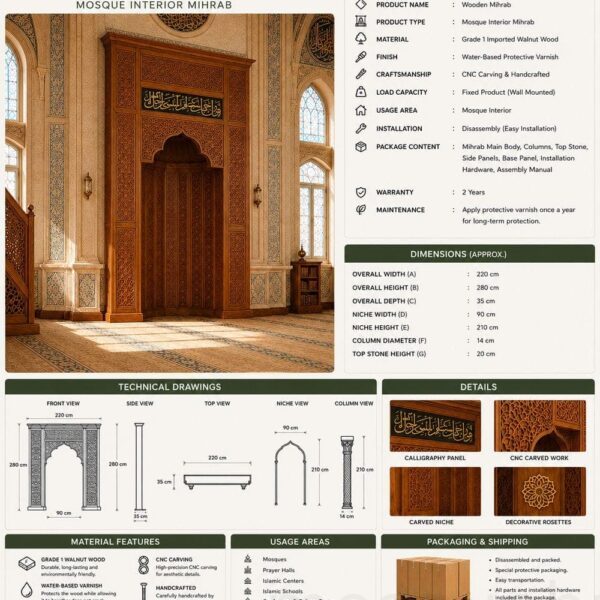 Wooden Mosque Mihrab – Model WMH-0020 – wooden mosque mihrab detail view 4