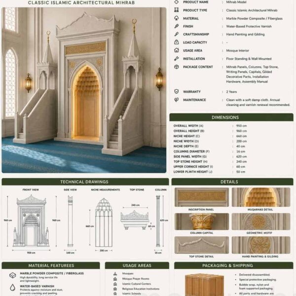 Luxury Marble Mosque Mihrab – wooden mosque mihrab detail view 4
