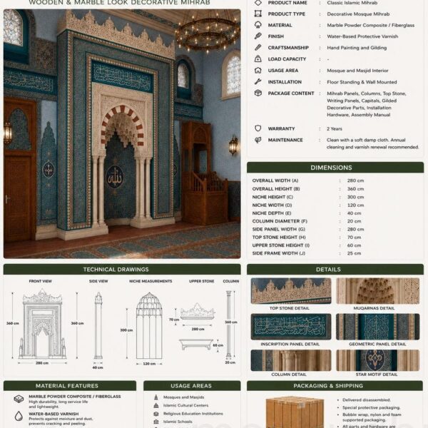 Modern Marble Mosque Mihrab – Model MMH-0002 – wooden mosque mihrab detail view 4