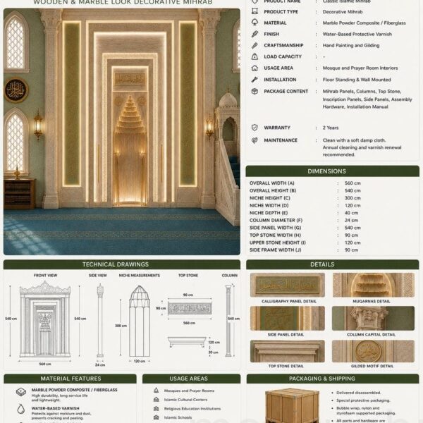 Marble Mosque Mihrab and Minbar Set – wooden mosque mihrab detail view 4