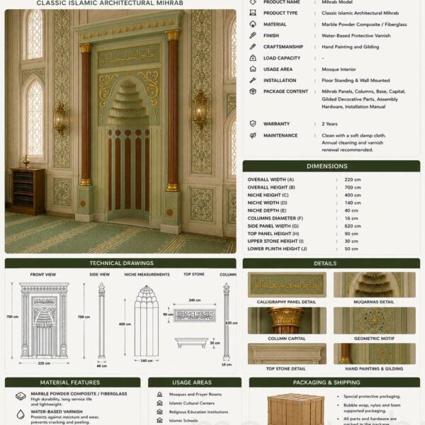 Modern Marble Mosque Mihrab – Model MMH-0006 – wooden mosque mihrab detail view 4