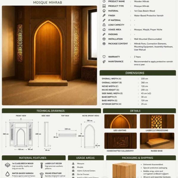 Modern Custom Prayer Room Interior Design – Model PR-0010 – wooden mosque mihrab detail view 3