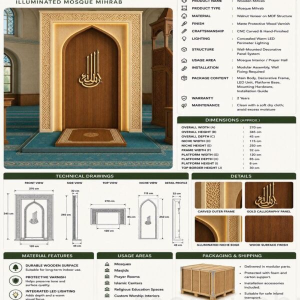 Mihrab moderne en bois pour mosquée avec éclairage LED – Modèle WMH-0012 – Vue détaillée 2
