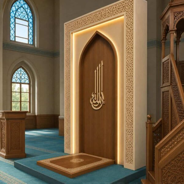 Mihrab moderne en bois pour mosquée avec éclairage LED – Modèle WMH-0012 – Vue détaillée 3