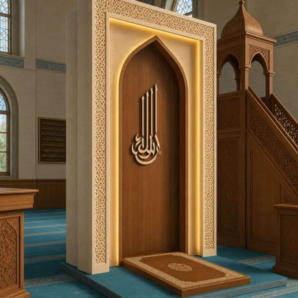 Mihrab moderne en bois pour mosquée avec éclairage LED – Modèle WMH-0012 – Vue détaillée 4