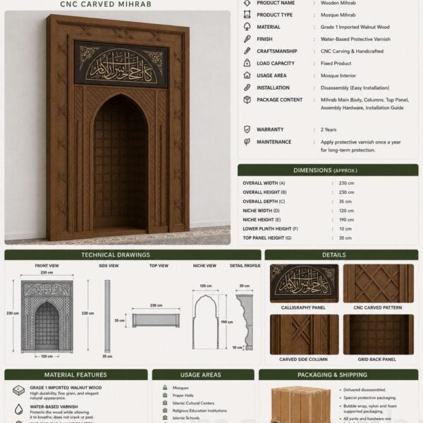 Oak Wooden Mosque Mihrab – Model WMH-0008 – wooden mosque mihrab detail view 3