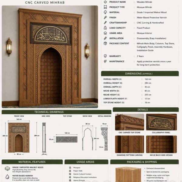 Wooden Mosque Mihrab and Minbar Set – Model WST-0001 – wooden mosque mihrab and minbar set detail view 2