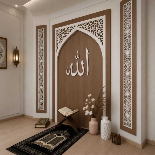 Custom Prayer Room Interior Design – Model PR-0007 – wooden mosque mihrab detail view 1