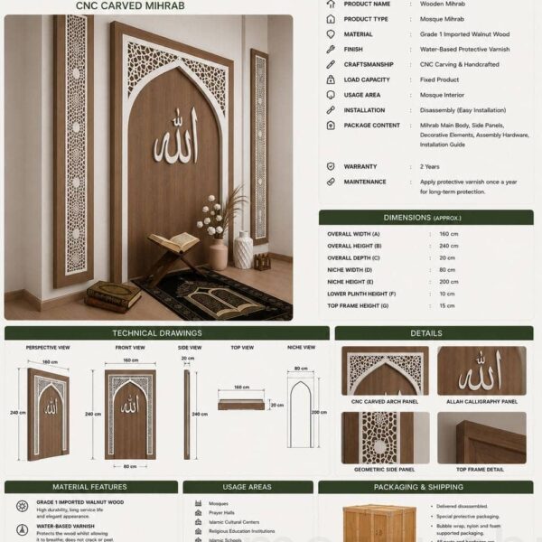 Custom Prayer Room Interior Design – Model PR-0007 – wooden mosque mihrab detail view 2