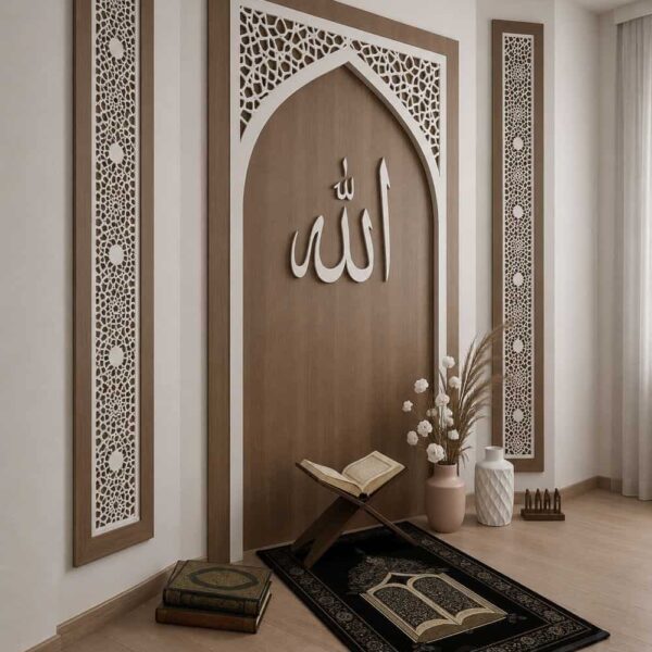 Custom Prayer Room Interior Design – Model PR-0007 – wooden mosque mihrab detail view 3