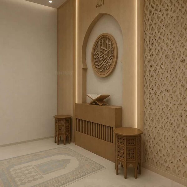 Custom Prayer Room Interior Design – Model PR-0004 – wooden mosque mihrab detail view 3
