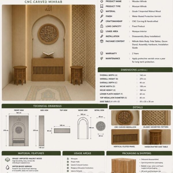Custom Prayer Room Interior Design – Model PR-0004 – wooden mosque mihrab detail view 4