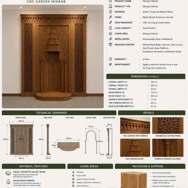 Wooden Mosque Mihrab – Model WMH-0007 – wooden mosque mihrab detail view 3