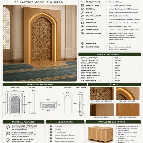 Modern LED-Lit Wooden Mosque Mihrab – Model WMH-0006 – wooden mosque mihrab detail view 1