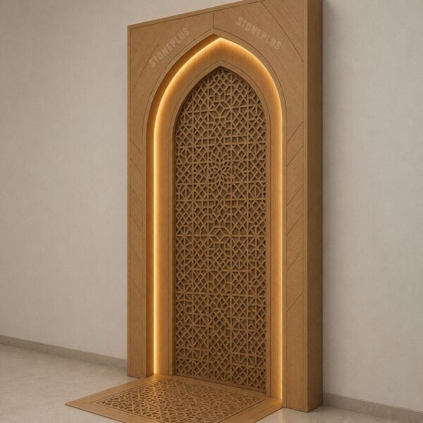 Modern LED-Lit Wooden Mosque Mihrab – Model WMH-0006 – wooden mosque mihrab detail view 2