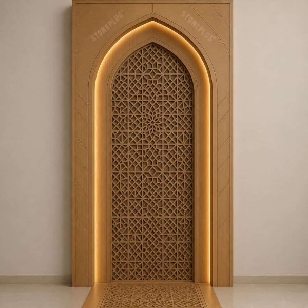 Modern LED-Lit Wooden Mosque Mihrab – Model WMH-0006 – wooden mosque mihrab detail view 3
