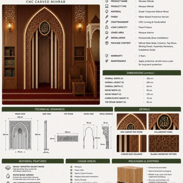 Moderner Holz-Mihrab für Moscheen – Modell WMH-0005 – Detailansicht 1