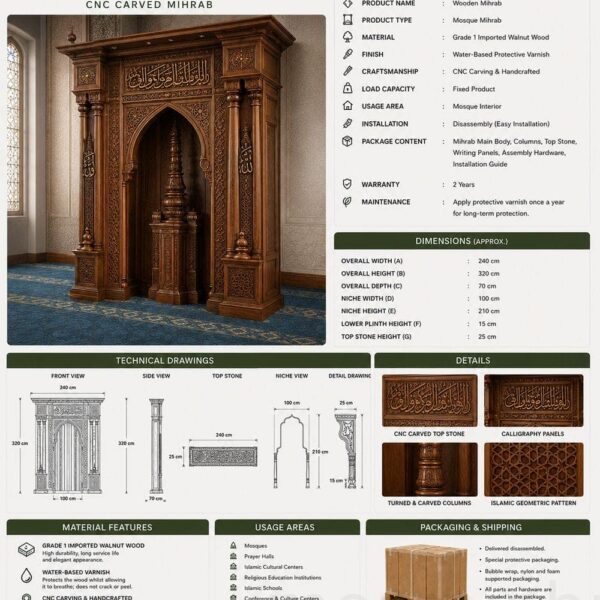 Classic Wooden Mosque Mihrab – Model WMH-0034 – wooden mosque mihrab detail view 4