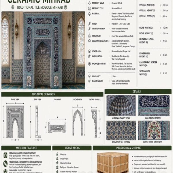 Mihrab de mosquée en carreaux décoratifs – modèle TA-16 – Vue détaillée 3