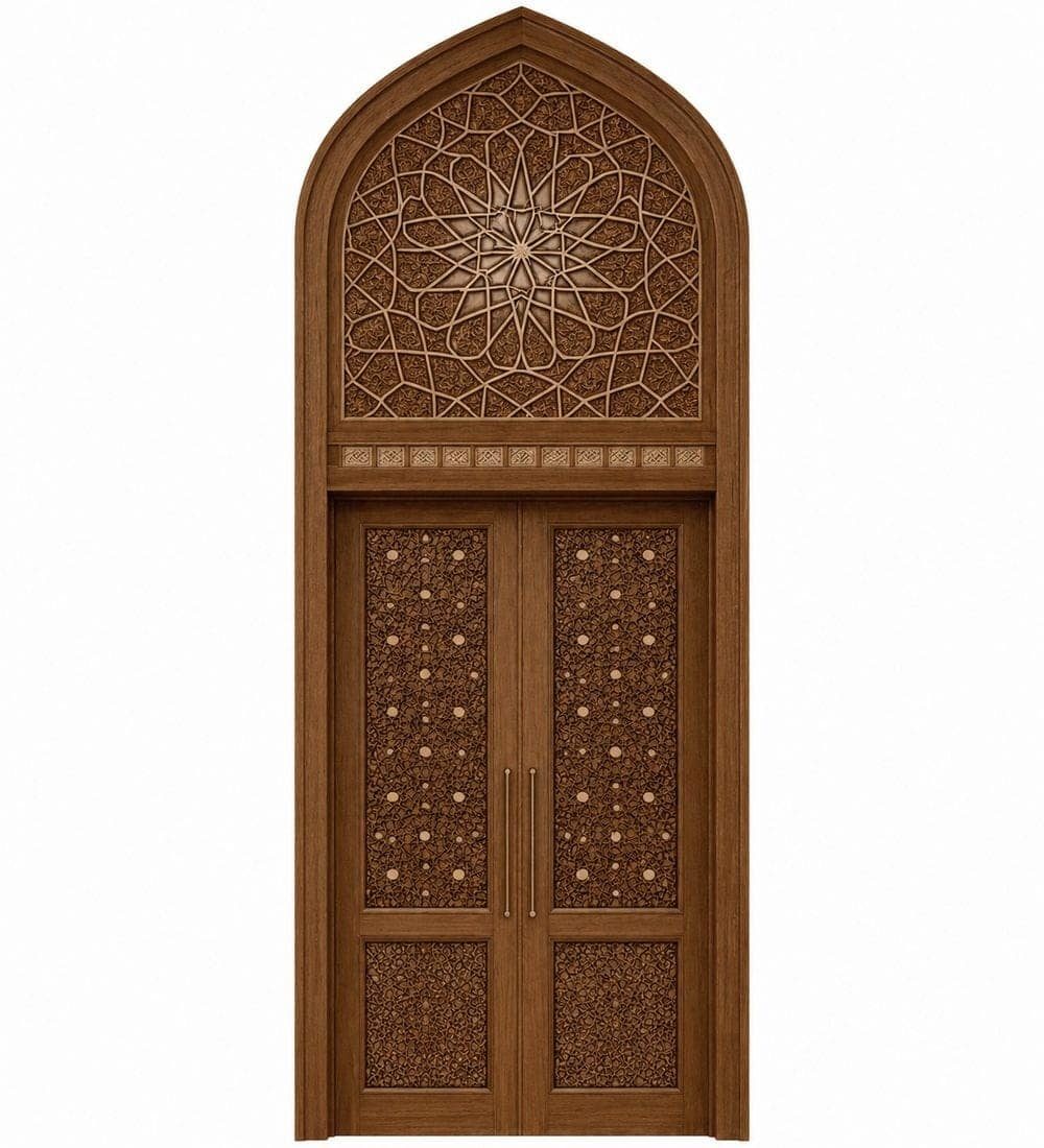 CNC-Carved Wooden Mosque Door | MosqueBuild CNC Oyma Ahşap Cami Kapısı – Özel Proje Detayı