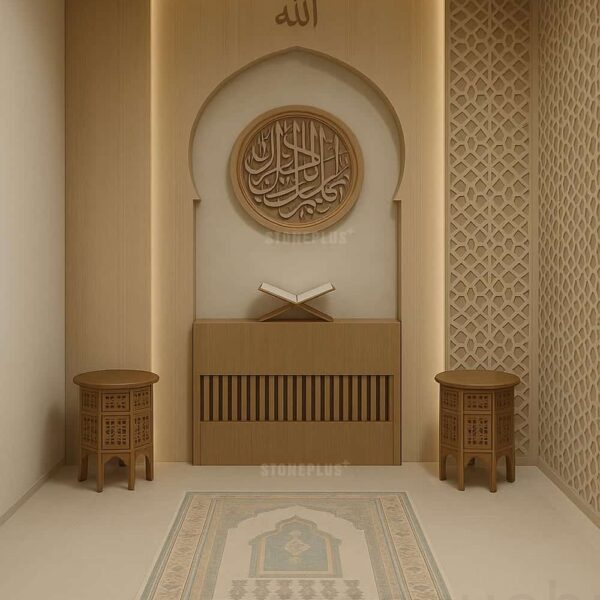 Custom Prayer Room Interior Design – Model PR-0004 – wooden mosque mihrab detail view 1