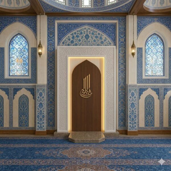 Mihrab en bois à trois panneaux avec éclairage LED – Modèle WMH-0042 – Vue détaillée 3
