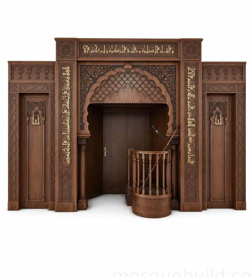 Wooden Mosque Mihrab and Minbar Set – Model WST-0004 | MosqueBuild Ensemble mihrab et minbar en bois pour mosquée – modèle WST-0004