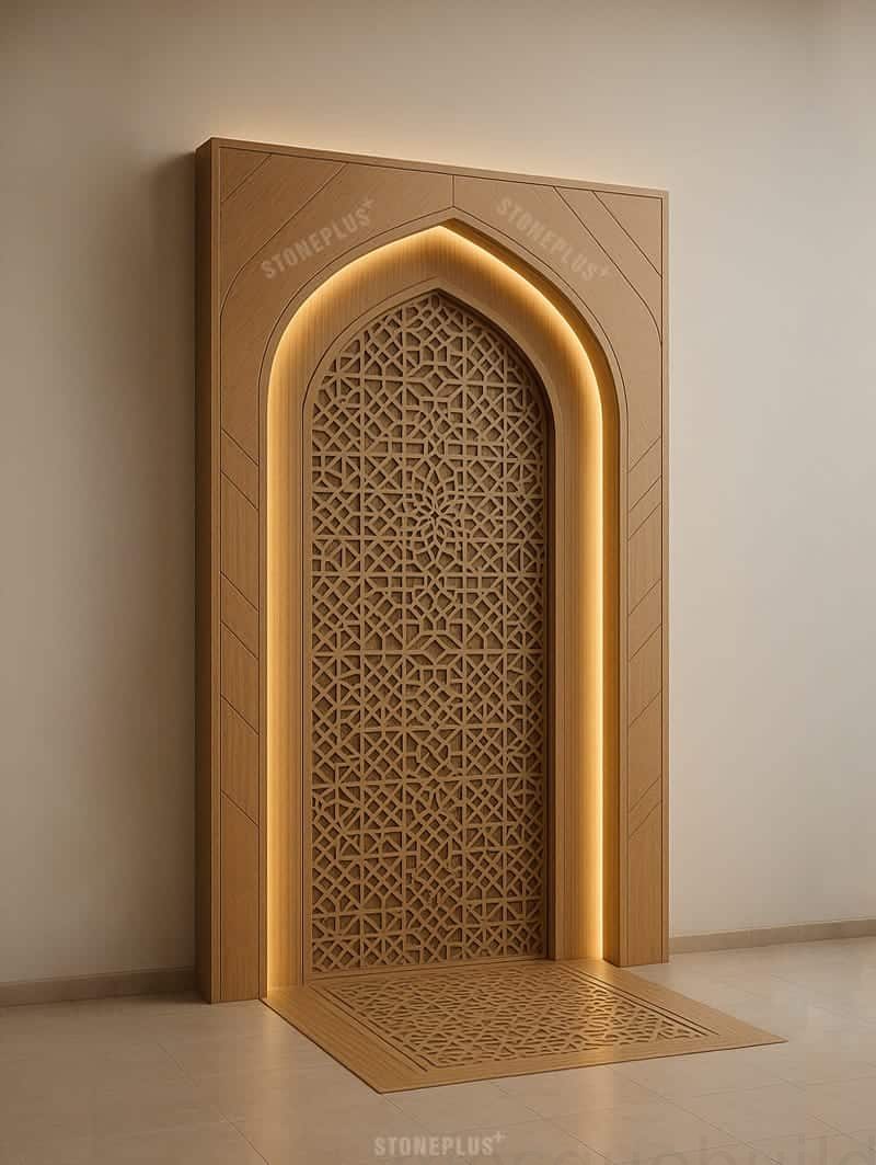 Modern LED-Lit Wooden Mosque Mihrab – Model WMH-0006 | MosqueBuild Modern LED-Lit Wooden Mosque Mihrab – Model WMH-0006