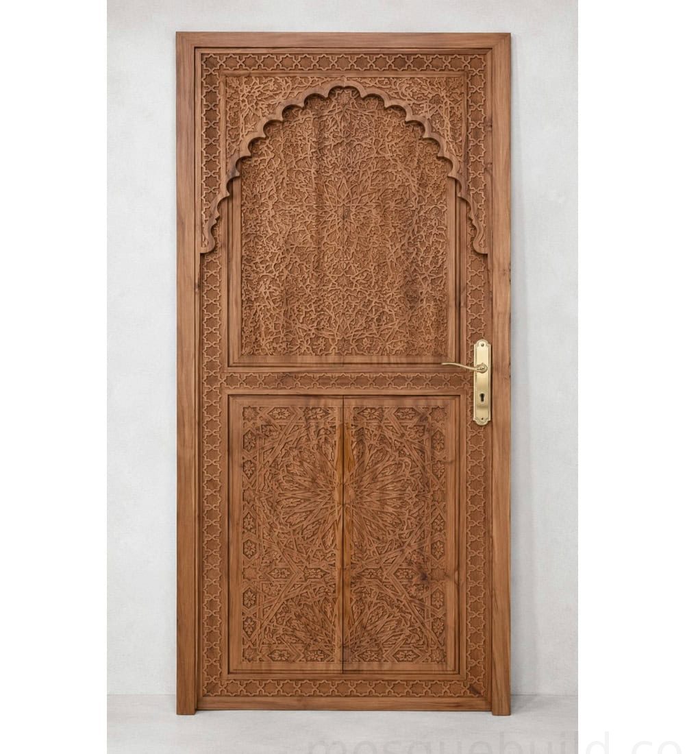 Walnut Single-Leaf Wooden Mosque Door – Model WDR-0013 | MosqueBuild باب مسجد خشبي من الجوز بضلفة واحدة – الموديل WDR-0013 – تفصيل مشروع مخصص