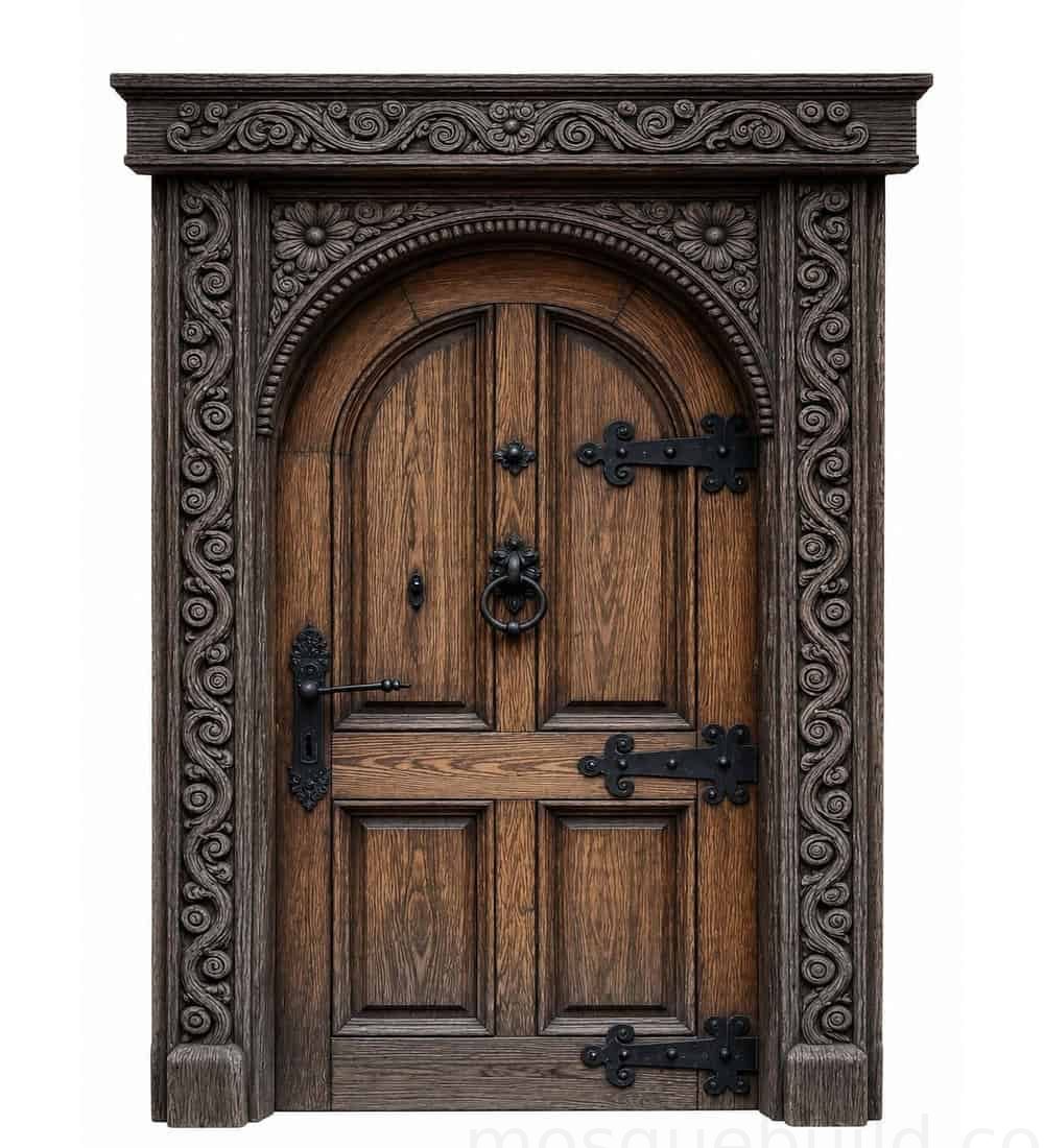 Walnut Single-Leaf Wooden Mosque Door – Model WDR-0014 | MosqueBuild باب مسجد خشبي من الجوز بضلفة واحدة – الموديل WDR-0014 – تفصيل مشروع مخصص