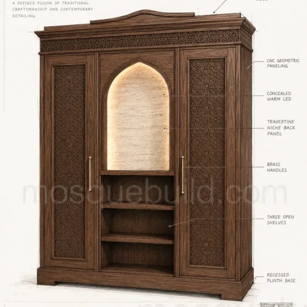 خزانة أحذية مسجد خشبية مخصصة معمارية – الموديل SHR-260816-001 – رسم تخطيطي للتصميم المعماري