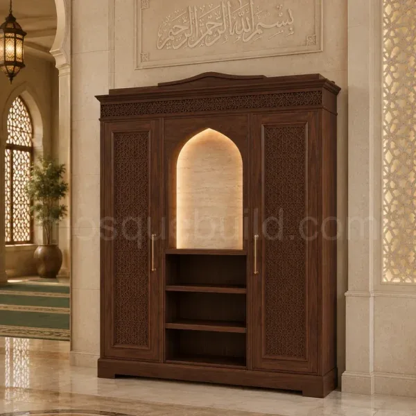 خزانة أحذية مسجد خشبية مخصصة معمارية – الموديل SHR-260816-001 – معروض داخل مسجد