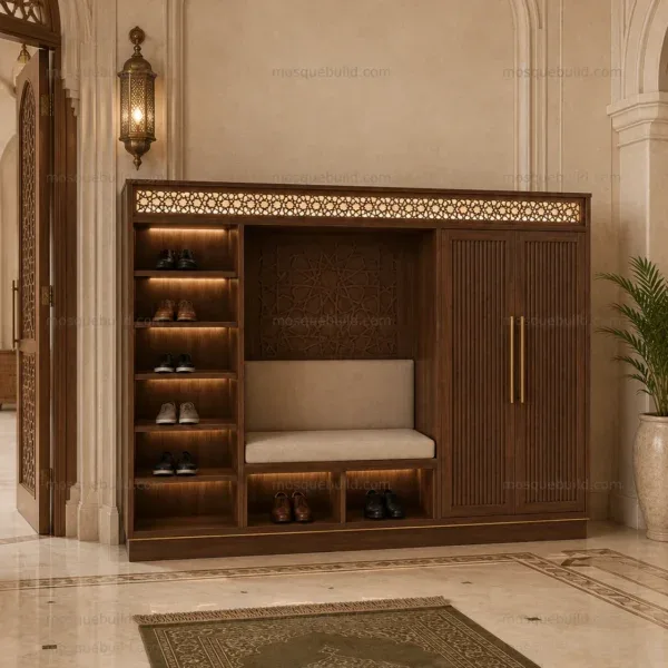 خزانة أحذية مسجد خشبية مخصصة معمارية – الموديل SHR-260816-008 – معروض داخل مسجد