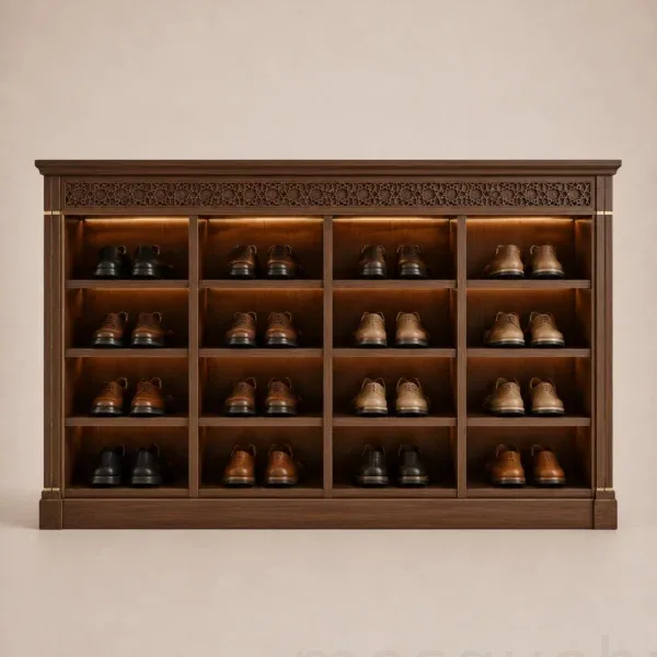 kompakter maßgefertigter Holz-Schuhschrank für Moscheen – Modell SHR-260816-004 – Produktgalerieansicht