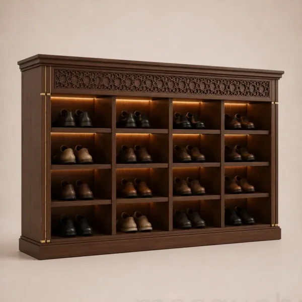 kompakter maßgefertigter Holz-Schuhschrank für Moscheen – Modell SHR-260816-004 – Produktgalerieansicht