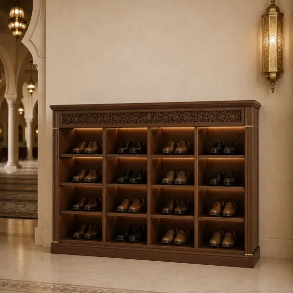kompakter maßgefertigter Holz-Schuhschrank für Moscheen – Modell SHR-260816-004 – Produktgalerieansicht