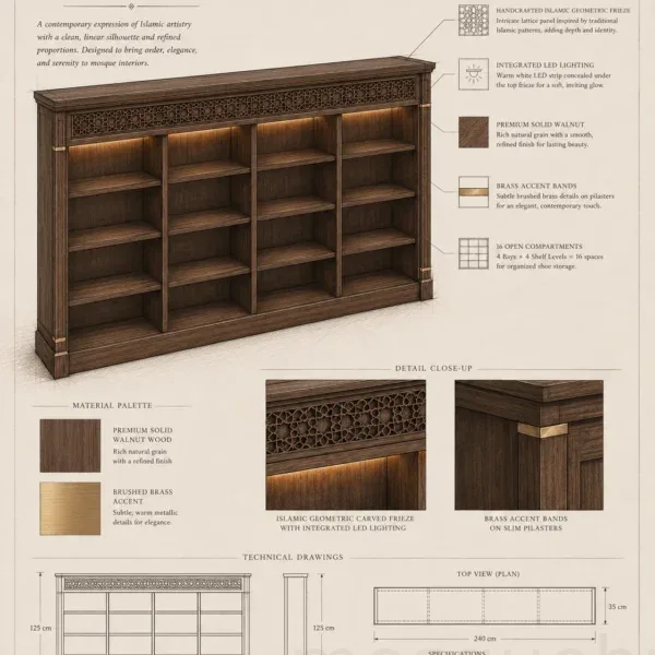 kompakter maßgefertigter Holz-Schuhschrank für Moscheen – Modell SHR-260816-004 – Produktgalerieansicht