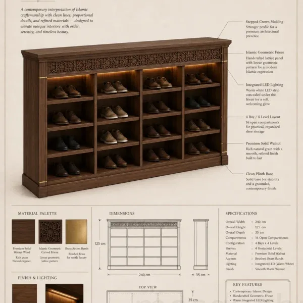 kompakter maßgefertigter Holz-Schuhschrank für Moscheen – Modell SHR-260816-004 – Produktgalerieansicht