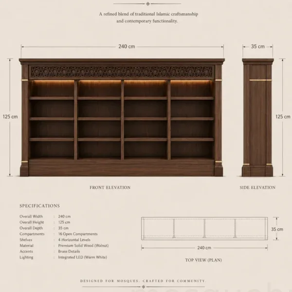 kompakter maßgefertigter Holz-Schuhschrank für Moscheen – Modell SHR-260816-004 – Produktgalerieansicht