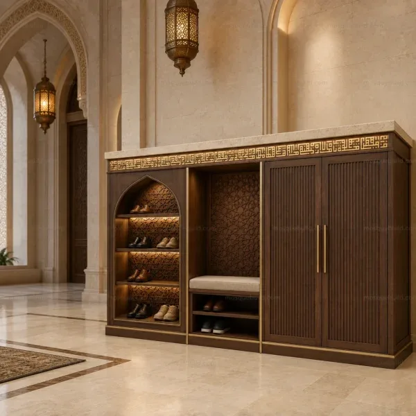 Compact Custom Wooden Mosque Shoe Cabinet – Model SHR-260816-011 shown in a mosque interior