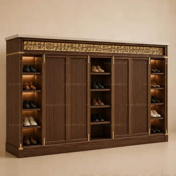 zeitgenössischer maßgefertigter Holz-Schuhschrank für Moscheen – Modell SHR-260816-007 – Dreiviertelansicht
