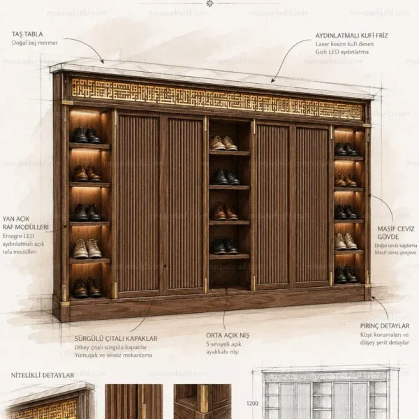 zeitgenössischer maßgefertigter Holz-Schuhschrank für Moscheen – Modell SHR-260816-007 – architektonische Entwurfsskizze