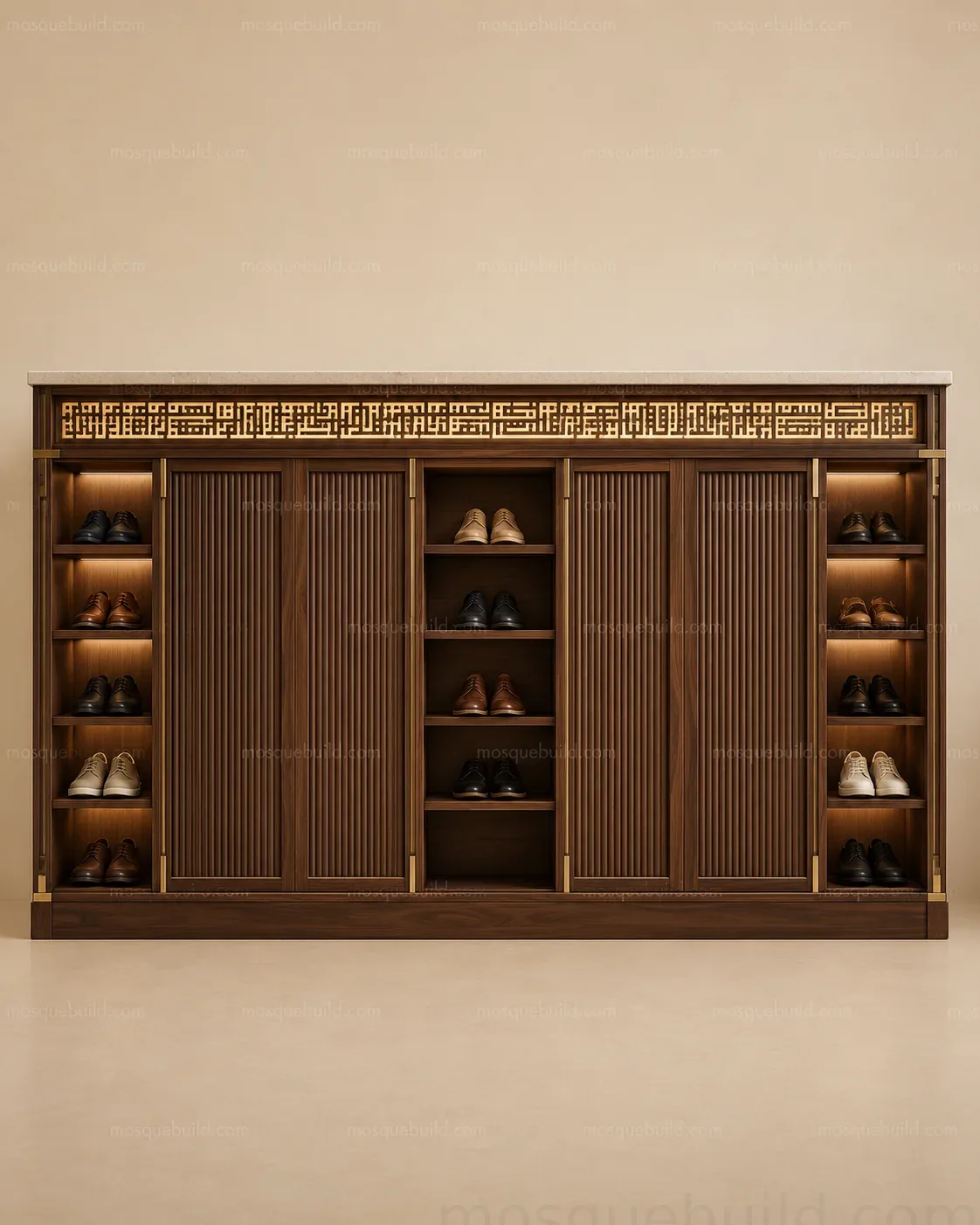 Contemporary Custom Wooden Mosque Shoe Cabinet – Model SHR-260816-007 – Main zeitgenössischer maßgefertigter Holz-Schuhschrank für Moscheen – Modell SHR-260816-007 – Frontansicht
