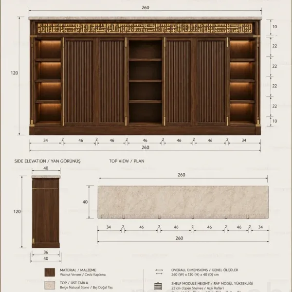 zeitgenössischer maßgefertigter Holz-Schuhschrank für Moscheen – Modell SHR-260816-007 – technische Darstellung mit projektspezifischen Abmessungen